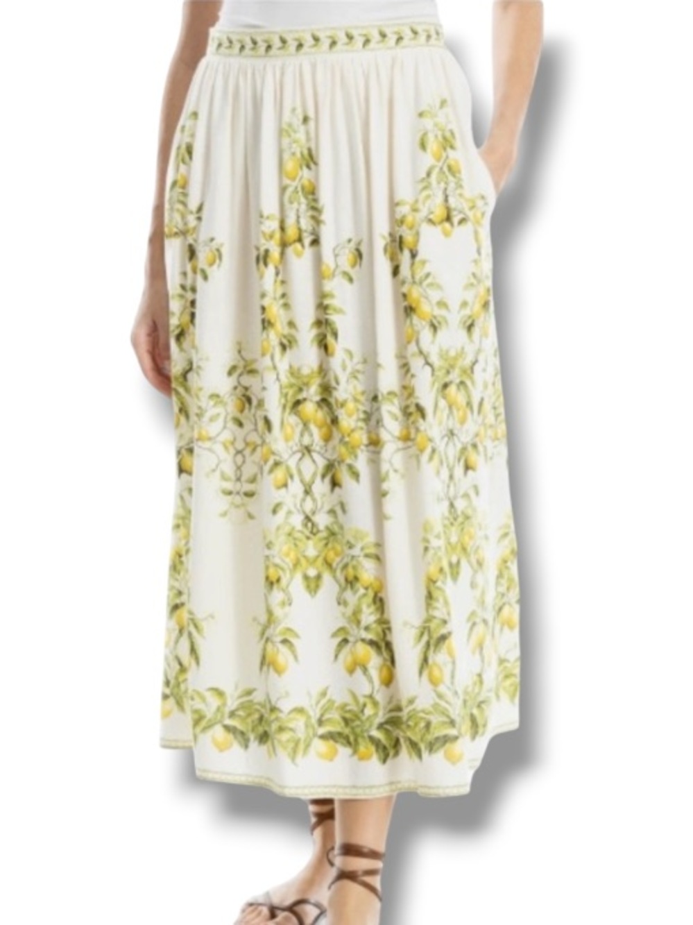Max Studio Women’s Border Print Maxi Skirt Linen Blend Natural Lemon Elegant NWT